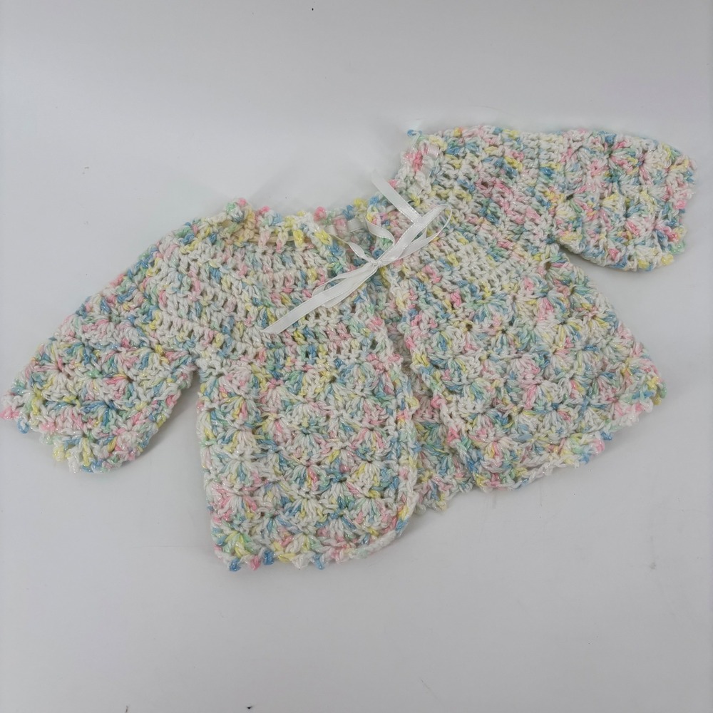 Vintage Handmade Baby Cardigan 0-3M Pastel Shell Stitch Crochet Ribbon Tie Fairy